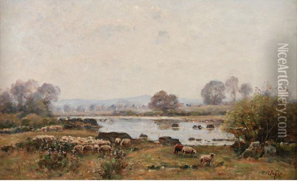 Les Moutons Dans La Prairie Presde L'etang Oil Painting - Louis-Aime Japy