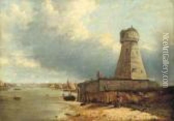 A View Of Lowestoft Lighthouse, 
With Figures In The Foreground Andthe Stanford Channel Beyond Oil Painting - George Vincent