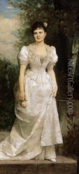 White - Dressed Lady Holding A Flower Oil Painting - Gyorgy the Elder Vastagh