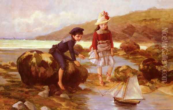 Enfants Pechant Oil Painting - Charles Jean Auguste Escudier