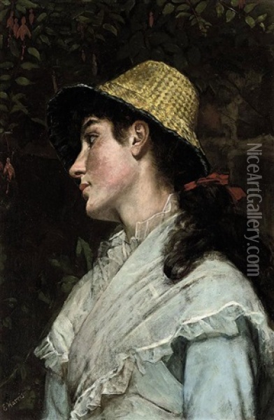 Portrait Of A Girl In A Pale Blue Dress With A Chiffon Shawl, Wearing A Straw Hat Oil Painting - Edwin Harris