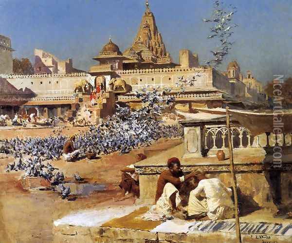 Feeding The Sacred Pigeons Jaipur Oil Painting - Edwin Lord Weeks