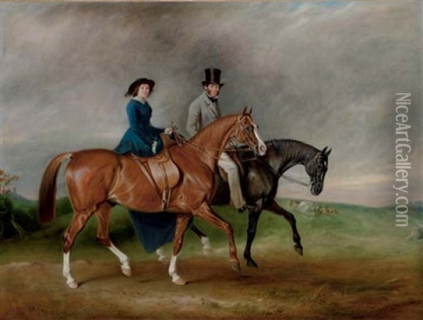 Thomas Tertius Paget And His Wife, Geraldine Mccausland, Riding On "satan" And "jessica" In Bradgate Park, Leicestershire Oil Painting - John E. Ferneley