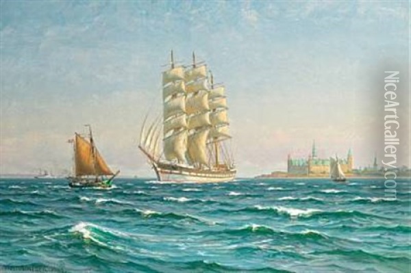 Ships At Sail Off Kronborg Castle On A Summer's Day Oil Painting - Vilhelm Karl Ferdinand Arnesen