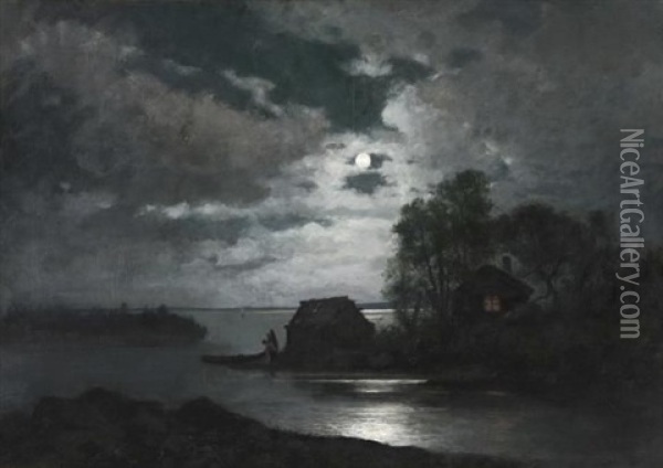 Ocean Scene With Full Moon Above Oil Painting - Konrad Simonsson