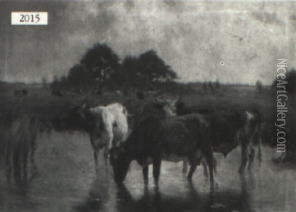 Cattle Watering Oil Painting - Emile Van Damme-Sylva