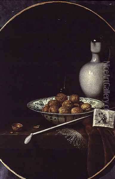 Still Life with Walnuts, Tobacco and a Clay Pipe Oil Painting - Hubert van Ravenstyn