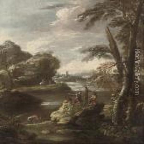 A Wooded River Landscape With Soldiers In The Foreground, A Castlebeyond Oil Painting - Salvator Rosa