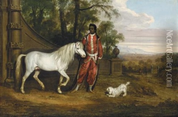 Gerald Fitzgerald's Negro Servant Holding "bold Sir William" In A Landscape, A Poodle Beside Oil Painting - Thomas Roberts
