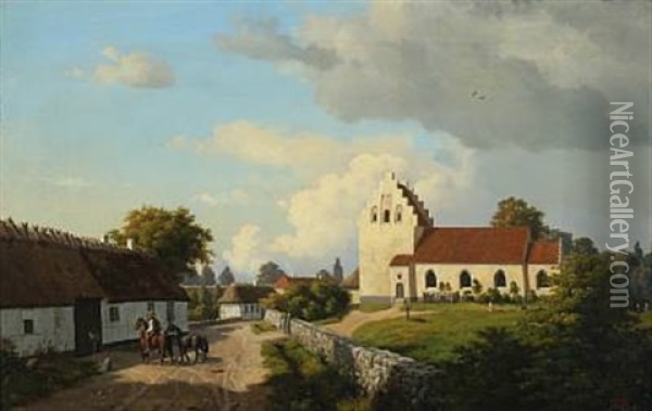 A Summer Day By The Church Of Jordlose, Funen Oil Painting - Carsten Henrichsen