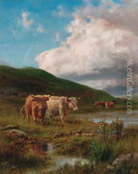 Cattle watering in a highland landscape Oil Painting - Robert Gallon
