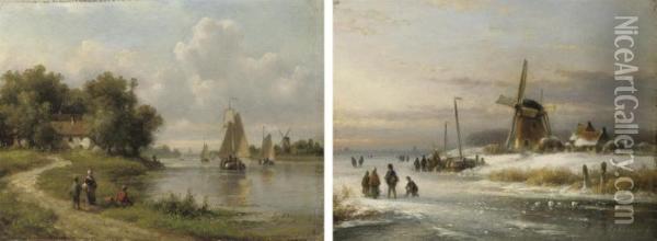 Skaters On The Ice Near A Windmill Oil Painting - Lodewijk Johannes Kleijn