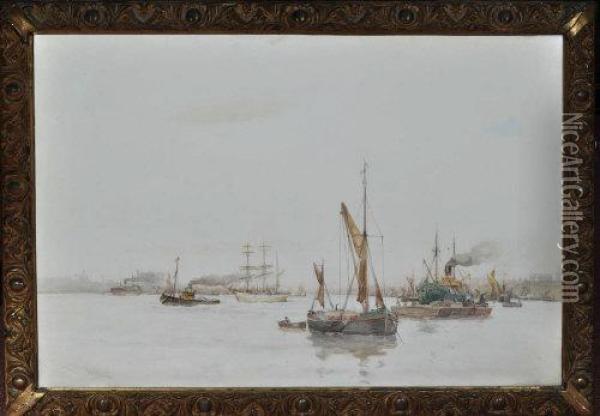 Sailing Barges And Ships In A Harbour Oil Painting - John William Gilroy