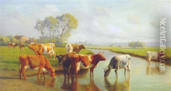 Cattle Watering In A Meadow, A Village Beyond Oil Painting - William Sidney Cooper