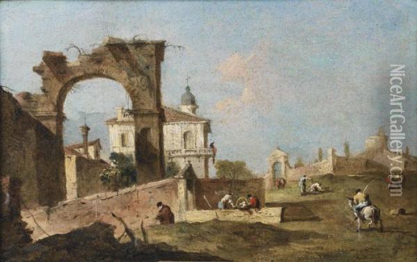 A Capriccio Of A Ruined Archway, A Villa And A Church, With A Horseman In The Foreground Oil Painting - Francesco Guardi