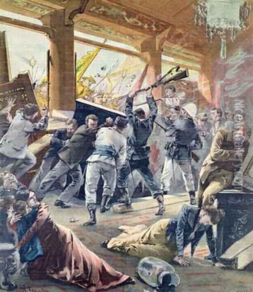 The European Legation Besieged by the Chinese Rebels in Peking from Le Petit Parisien Oil Painting - Fortune Louis Meaulle
