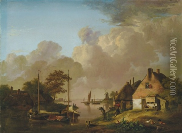 Hollandische Landschaft Mit Bauernhausern Am Wasser Oil Painting - Jan van Os