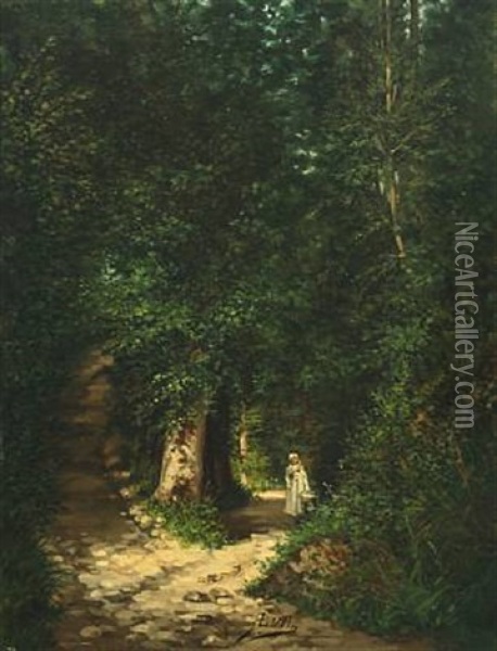 Forest Scape With A Young Woman Oil Painting - Anders Christian Lunde