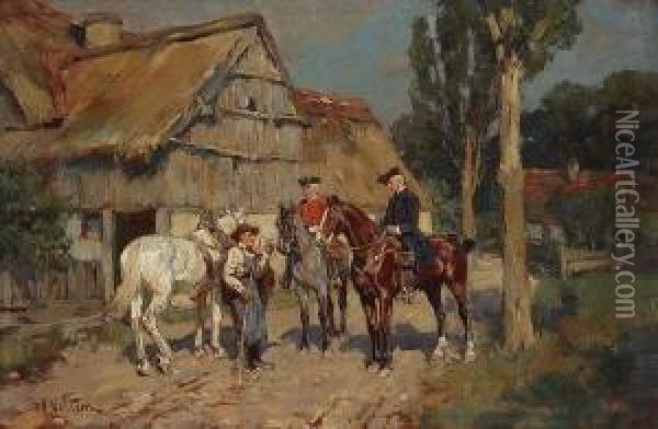 Reiter Im Gesprach Mit Einem
 Bauern Vor Dessen Gehoft. Oil Painting - Wilhelm Velten