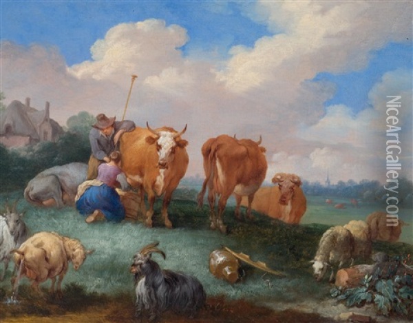 Hirten Mit Kuhen Und Schafen In Einer Landschaft Oil Painting - Pieter Bout