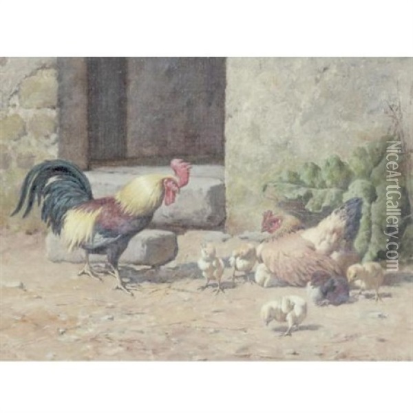Chickens And Rooster Oil Painting - William Baptiste Baird