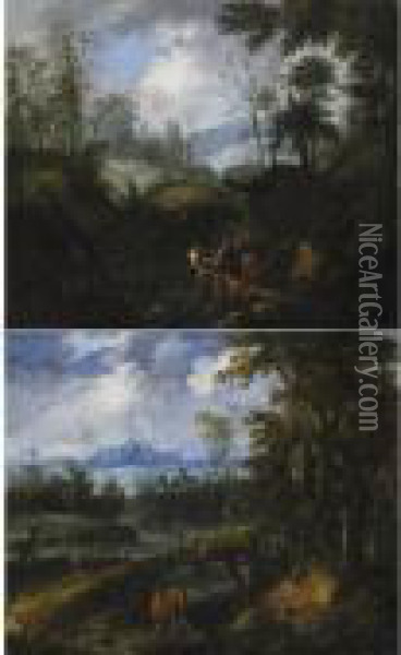 Paesaggio Con Boscaioli; Paesaggio Con Figure E Un Ponte Oil Painting - Bartolomeo Pedon