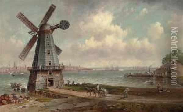 Lower Manhattan With The Last Windmill In New Jersey Oil Painting - Granville Perkins