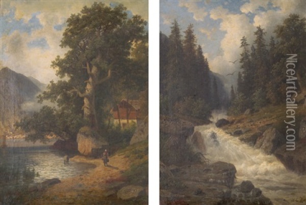 Wildbach (+ Am Gebirgssee; Pair) Oil Painting - Heinrich Eduard Heyn