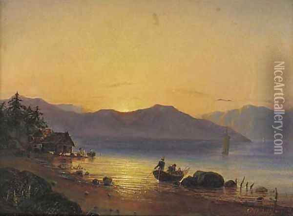Setting off from the shore at sunrise Oil Painting - Fritz Sigfred Georg Melbye