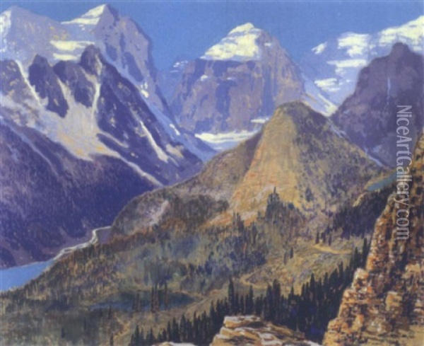 Panoramic View Of The Rocky Mountains With Lake Agnes And Mirror Lake Oil Painting - Francis Hans Johnston