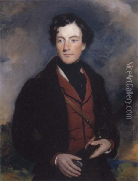 Portrait Of A Gentleman Holding A Gun And Wearing A Brown Coat And Red Waistcoat Oil Painting - Sir Francis Grant