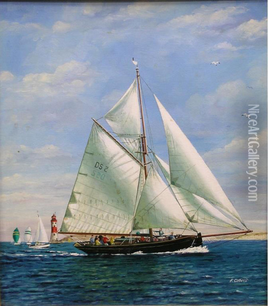 Sailing Yacht With Lighthouse Oil Painting - F. Davis