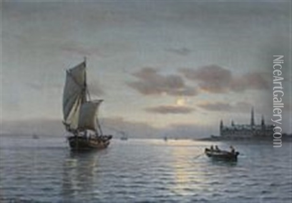 A Evening At Oresund With Kronborg Castle In The Background Oil Painting - Johan Jens Neumann