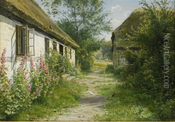 Stockroser Vid Et Bondhus Oil Painting - Johannes Boesen