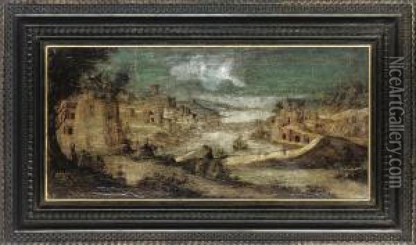 A River Landscape With Figures On A Track, A Town Beyond Oil Painting - Dirck Verhaert