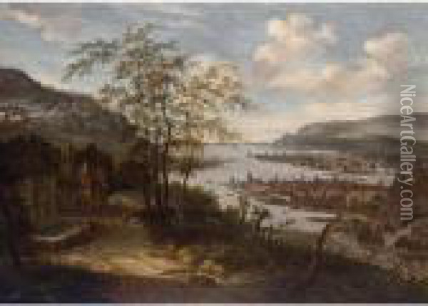 An Extensive River Landscape 
With Towns And Sailing Boats, Figures Near A Fountain On The Left And 
Mountains Beyond Oil Painting - Dionys Verburgh