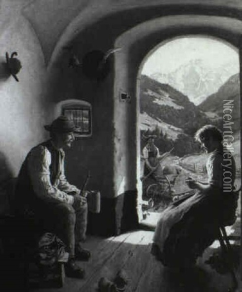Tyrolean Courting Couple Oil Painting - Emil Rau