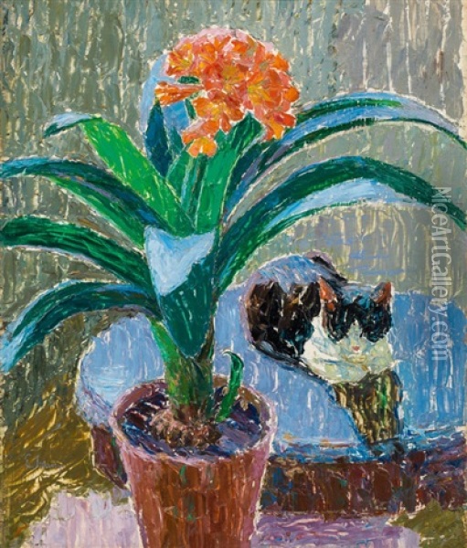 Still Life With Plant And Cat Oil Painting - Ella Iranyi