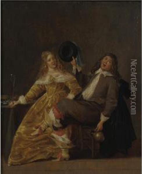 An Elegant Couple Drinking In An Interior Oil Painting - Dirck Hals