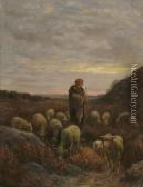 A Shepherd And His Flock, Sunset Oil Painting - Jean-Ferdinand Chaigneau