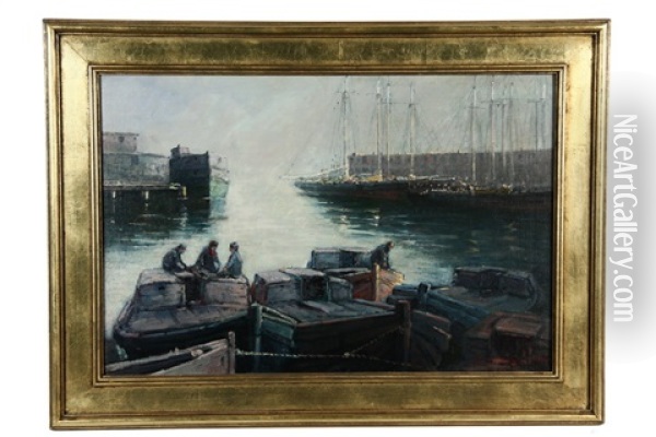 Harbor Scene With Barges And Schooners At Warehouses Oil Painting - Edward A. Page