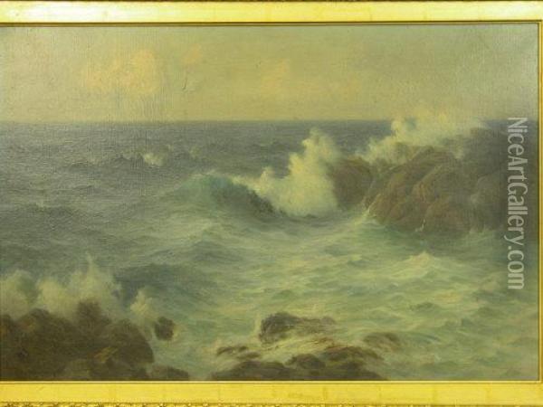 Rockeycoastline With Breaking Surf Oil Painting - Hugh Percy Heard