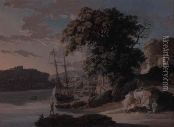 A Harbour At Sunset, In An Estuary With Men-o'war Moored Oil Painting - Louis Albert Guillain Bacler d'Albe