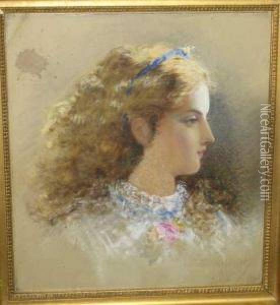 Bust-length Portrait Of A Young Girl In Profile Oil Painting - Henry Whatley