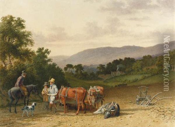 Figures, Horses And Oxen On A Road Oil Painting - Robert Hills