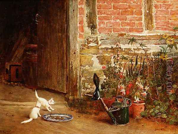 Two White Kittens in a Garden Oil Painting - Samuel Walker