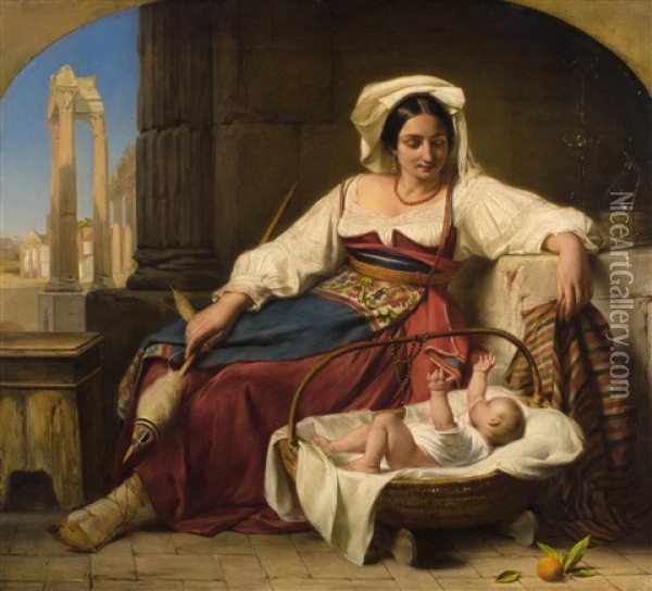 Italienische Spinnerin Ihr Kind Betrachtend Oil Painting - Theodore Canneel