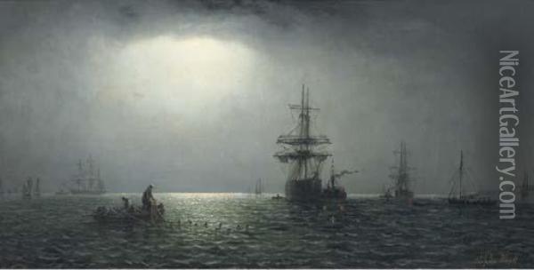 Shipping In Coastal Waters By Moonlight Oil Painting - Adolphus Knell