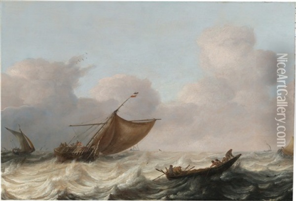 Fishing Vessels In A Stormy Sea Oil Painting - Pieter Mulier the Elder
