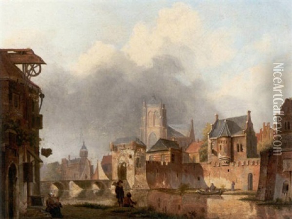 Blick Auf Eine Belgische Stadtpartie Mit Flus Oil Painting - Heinrich Jacob Levelt